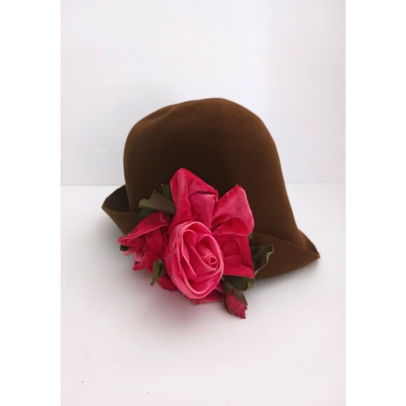 Lylia Giraldo Chocolate Brown Felt Wool Cloche Hot Pink Flower M/L main image 7